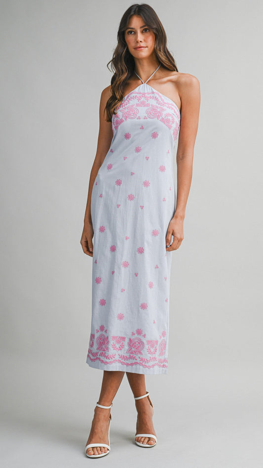 NEELEY EMBROIDERED HALTER NECK DRESS