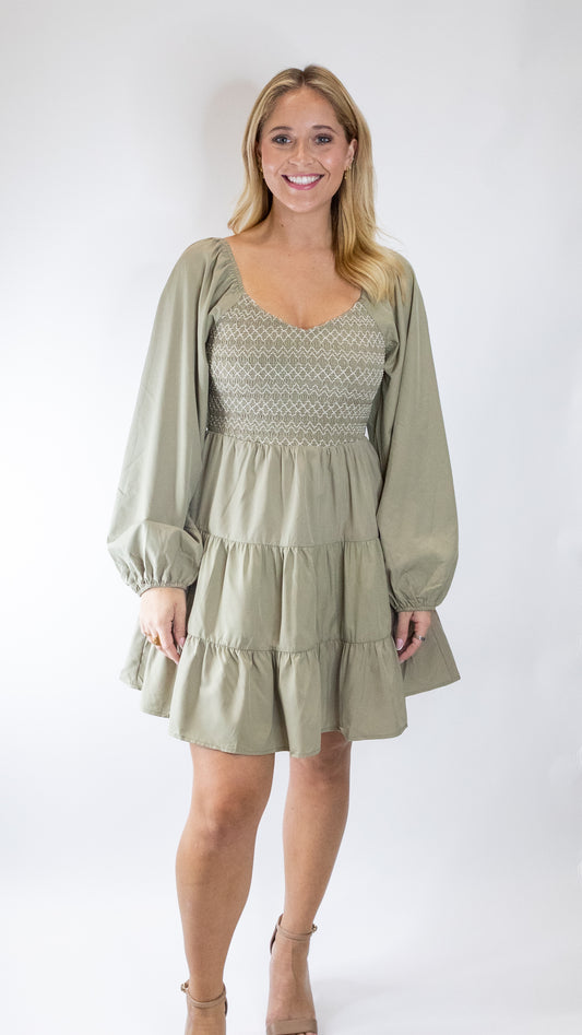 OLIVE SMOCKED DRESS